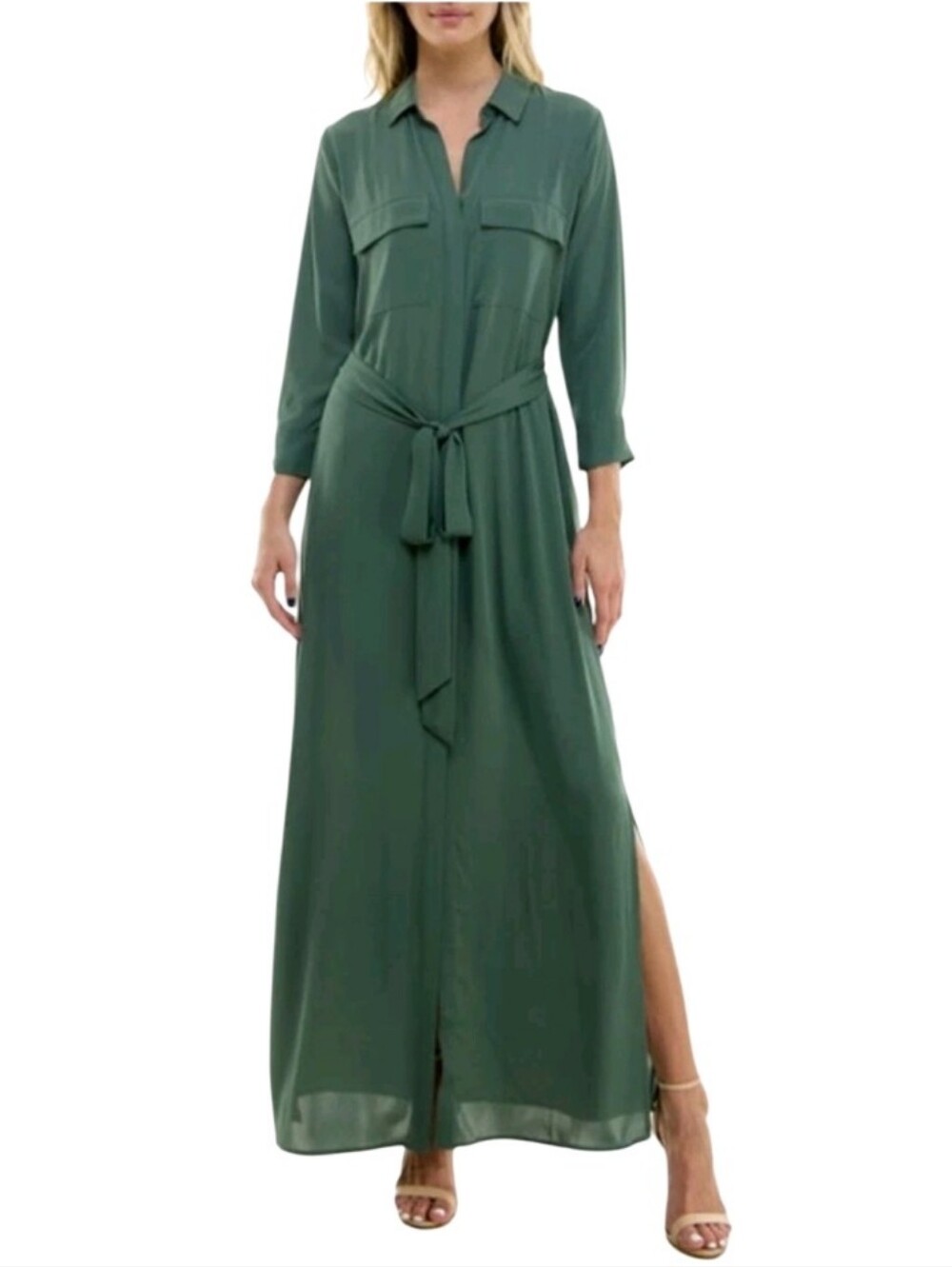 Socialite Green Shirt Maxi Dress with Waist Tie Safari